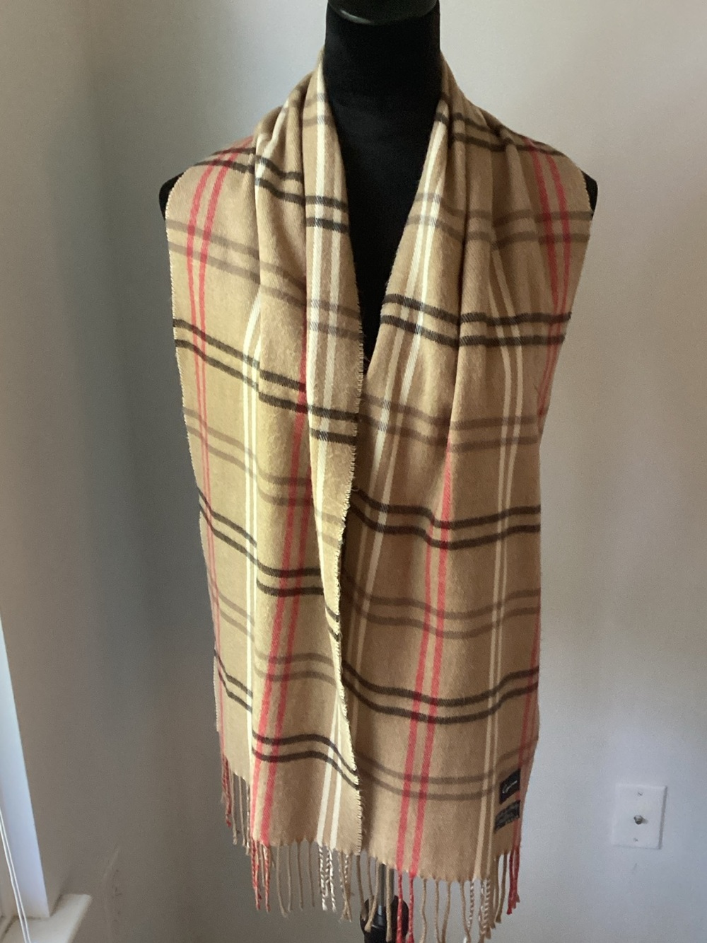 Cejon Beige Plaid Fringe Scarf with Red and Black Stripes